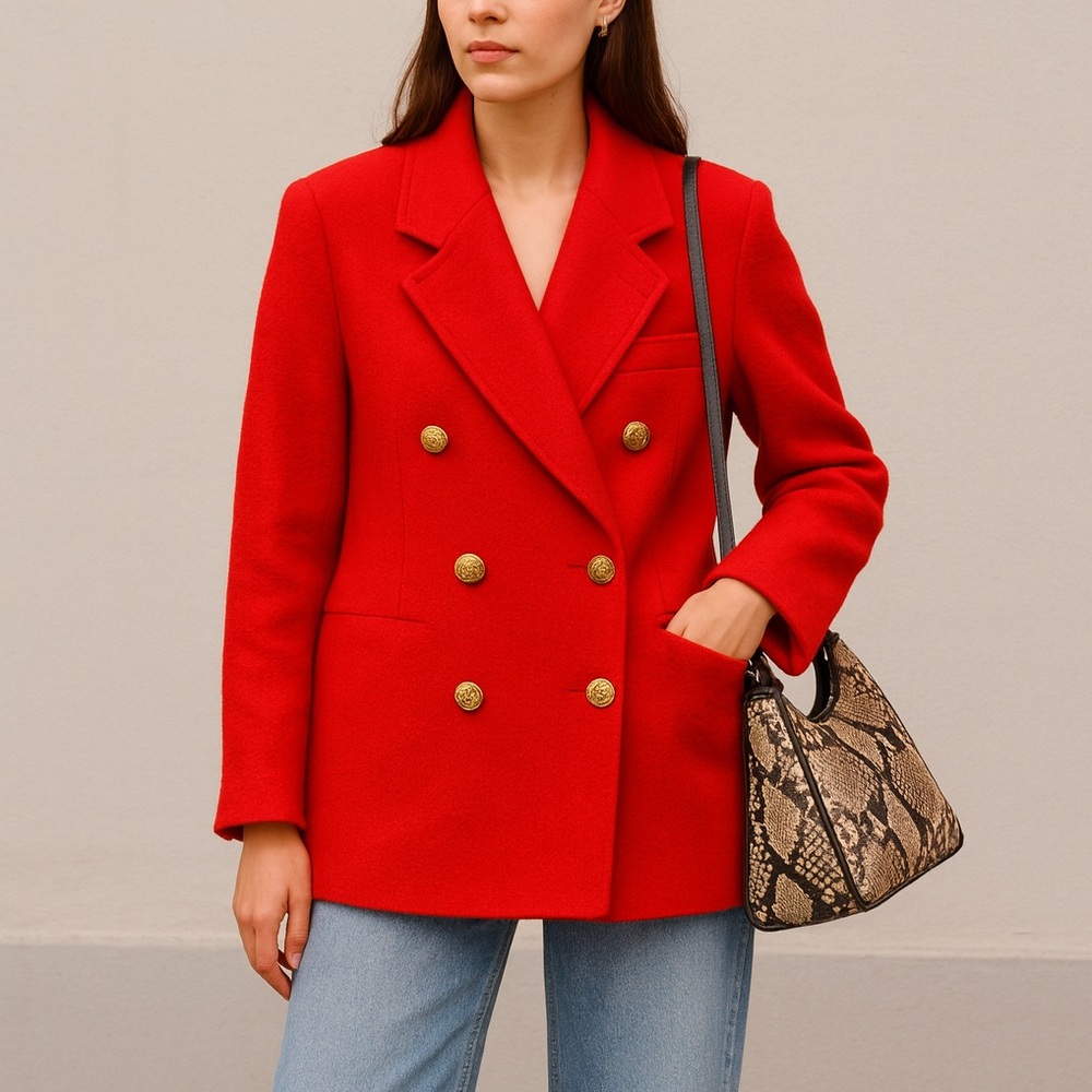 Vintage 100 % Wool Red Military Double Breasted Blazer Coat w/ Gold Buttons L